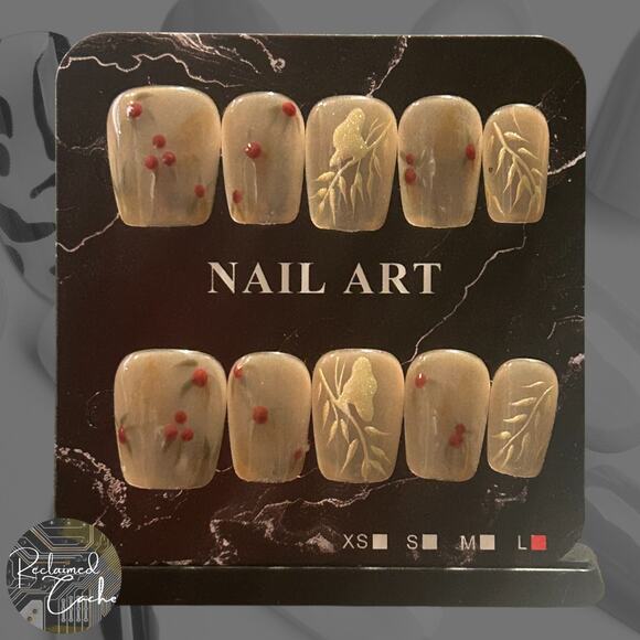 Translucent Nude Red Berries Short Square Press On Nails  - Size Large - Picture 1 of 2
